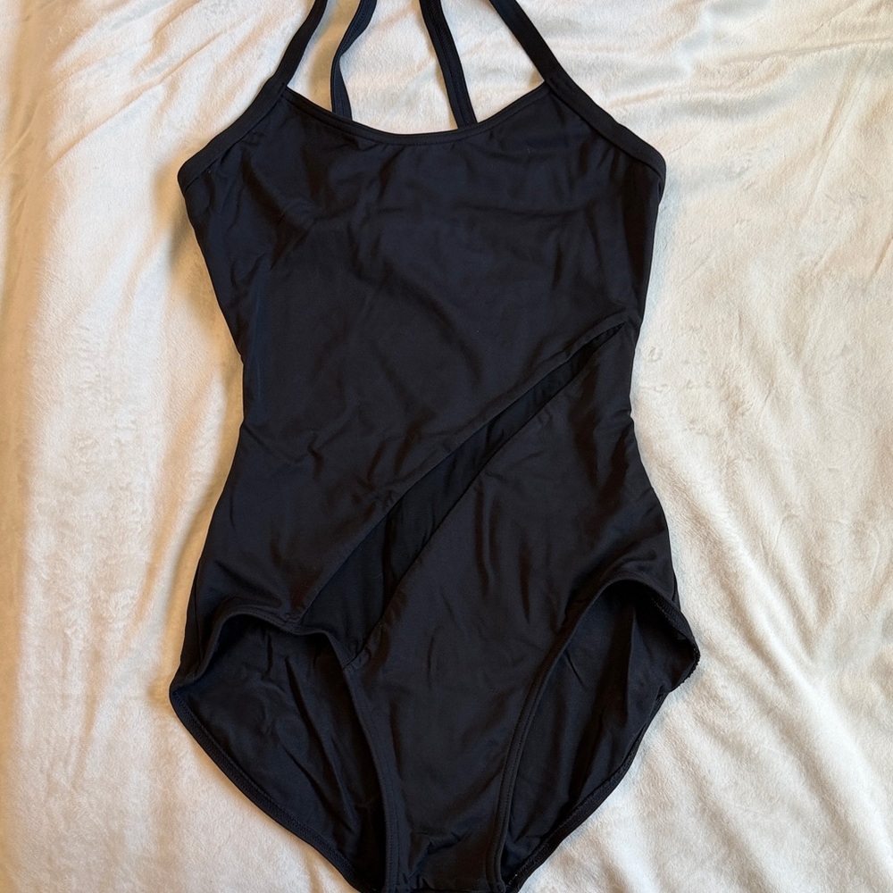 Capezio Women's Black Leotard with mesh detail on front and back.